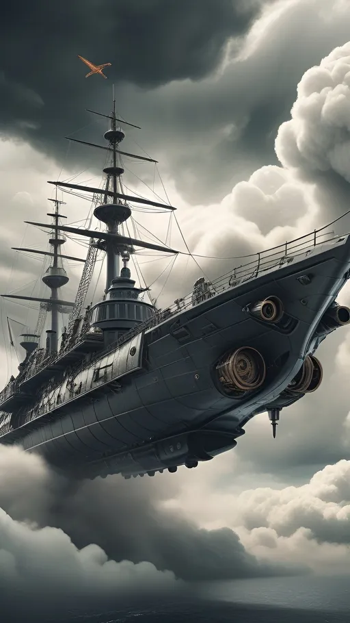 Prompt: (A mighty battle frigate flying through the clouds in dieselpunk style:1.5), (dramatic sky:1.2), (clouds:1.2), (industrial aesthetic:1.3), (steampunk elements:1.1), (detailed machinery:1.2), (metallic textures:1.2), (vintage technology:1.2), (futuristic design:1.2), (highly detailed:1.3), (fantasy setting:1.1), (epic scene:1.3)


