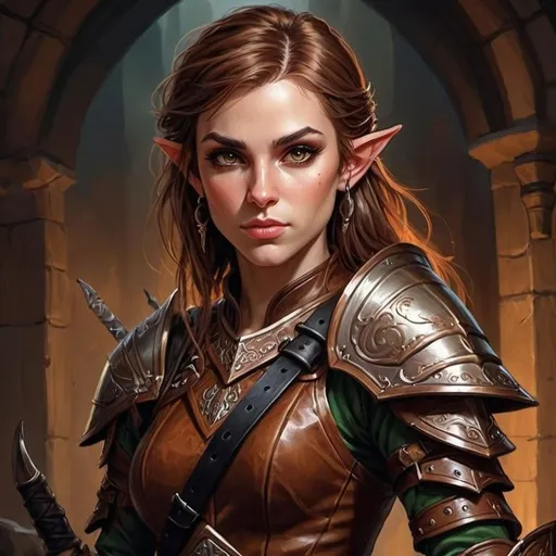 Prompt: Detailed DnD fantasy art of a pretty heroic female dnd Elf Fighter, lovely facial traits, brown hair, traditional detailed painting, intricate small brown leather armor, detailed black belts, dramatic lighting, vibrant colors, high quality, game-rpg style, epic fantasy, traditional art, detailed leather armor, dramatic lighting, heroic rogue, fascinating, vibrant colors, high quality details, 