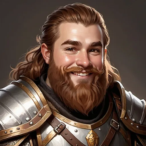 Prompt: A youthful dnd dwarf cleric portrait, light armor, brown hair and beard, smile, mace and shield