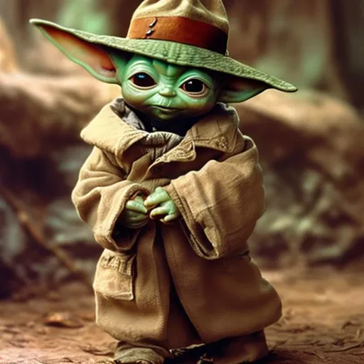 Prompt: Baby Yoda dressed up as Indiana Jones
