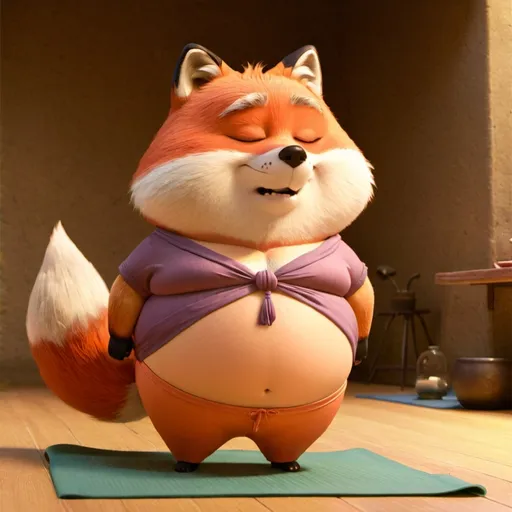 Prompt: A chubby fox  meditate in the yoga pose wearing only silk pants