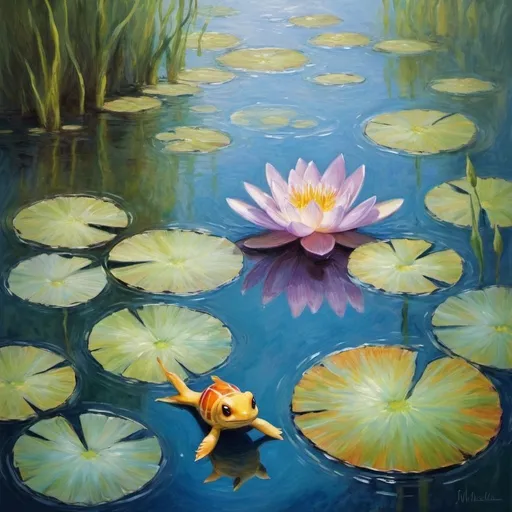 Prompt: Do a picture in monet style.
The painting is similar to the monet nynpheas but on the ninpheas and in the water there are some pokemons as squirtle, flittle etc