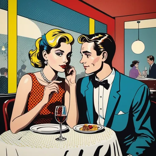Prompt: Roy Lichtenstein style painting of a young couple in a fancy restaurant, comic book style halftone dots, vibrant colors, retro 1960s vibe, detailed expressions, elegant attire, high quality, pop art, romantic atmosphere, vintage colors, detailed background, professional lighting