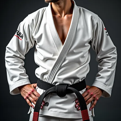 Prompt: Create an image of a Jiu Jitsu player wearing a white FUJI Gi with a worn Black belt with 5 stripes, and his fingerss are tapped. To use it on a book cover. make it realistic and very details 4k.