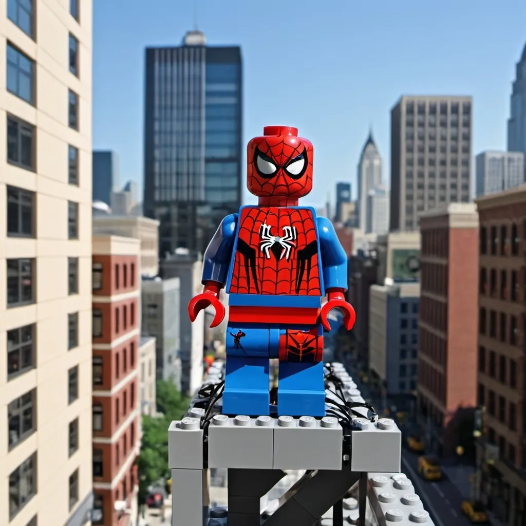 Prompt: Lego man spider man suit webbing around the city

