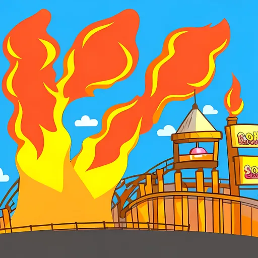 Prompt: draw a cartoon of a theme park on fire