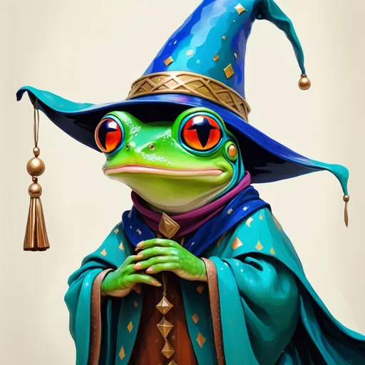 Prompt: Frog wearing a wizard hat, Picasso style,