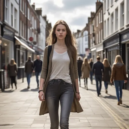 Prompt: Tall young woman walking down the high street, detailed clothing, realistic, natural lighting