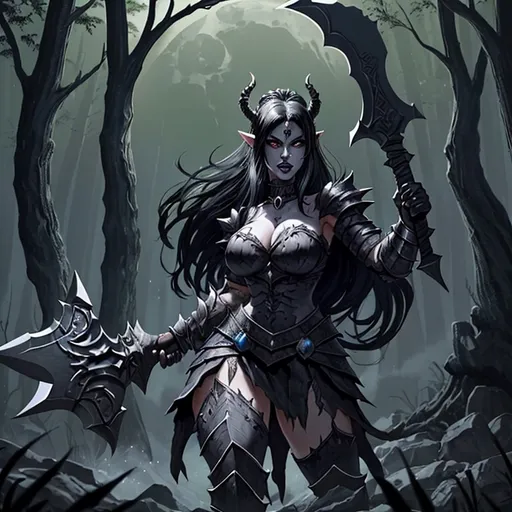 Prompt: Orc queen, in black ornate armor, black hair, big teeth, battle axe, in moonlight woods