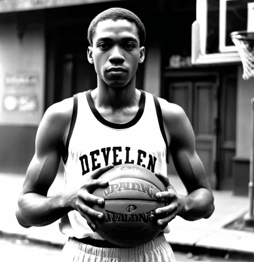 Prompt: a man holding a basketball in his right hand and a ball in his left hand in front of him, Derold Page, harlem renaissance, young, a black and white photo