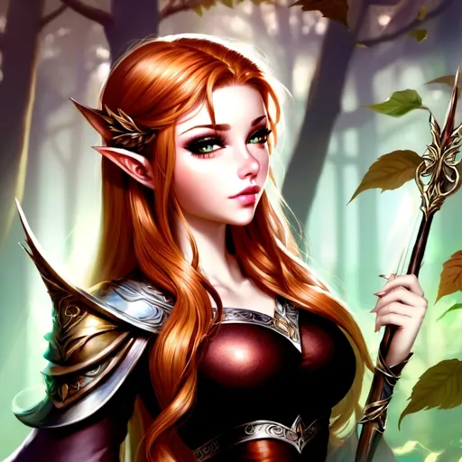 Prompt: a half elf with small ears long thick wavy copper colour hair and almond shaped hazel green eyes wearing light makeup 