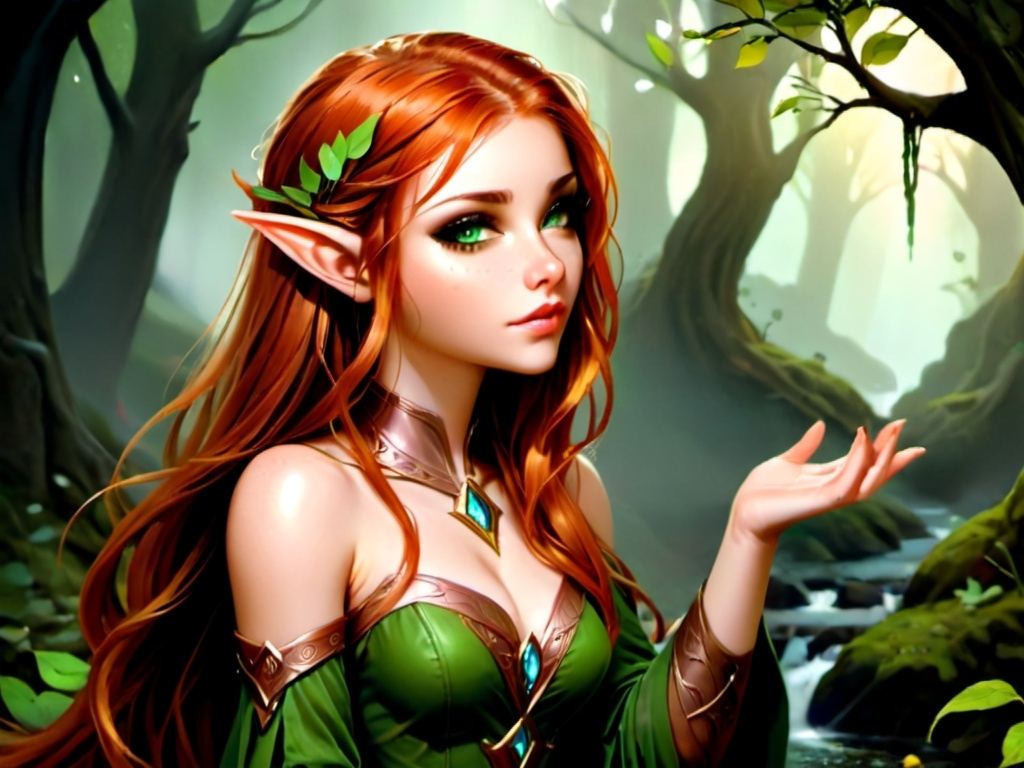 Prompt: a half elf with small ears long thick wavy copper colour hair and almond shaped hazel green eyes wearing light makeup 