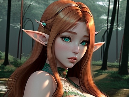 Prompt: a half elf with long thick copper colour hair and hazel green eyes wearing light makeup