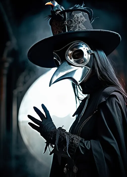 Prompt: Female Demi human with black hair silver ombre wearing a bird style plague doctor mask