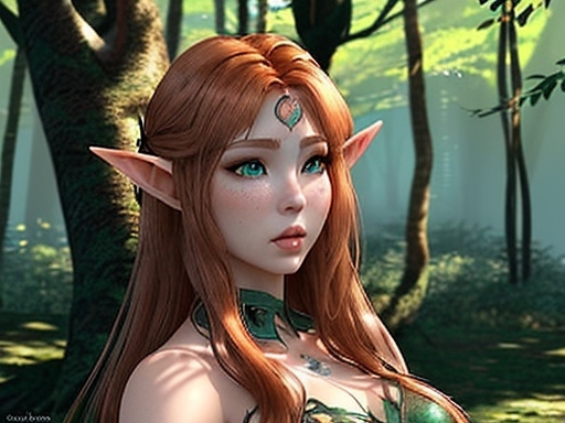 Prompt: a half elf with long thick copper colour hair and hazel green eyes wearing light makeup