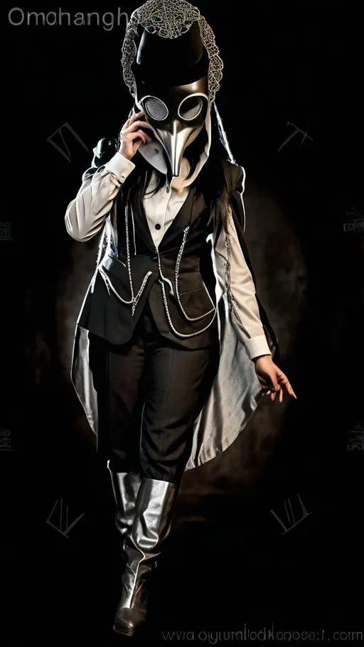 Prompt: Female human with long black hair silver ombre wearing a bird style plague doctor mask and suit