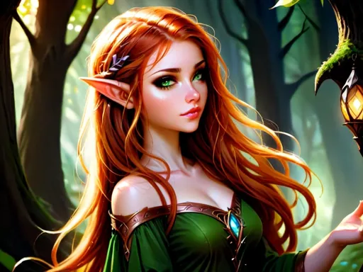 Prompt: a half elf with small ears long thick wavy copper colour hair and almond shaped hazel green eyes wearing light makeup 