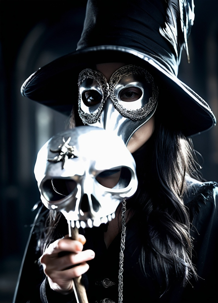 Prompt: Female Demi human with black hair silver ombre wearing a bird style plague doctor mask holding a silver skull cane 