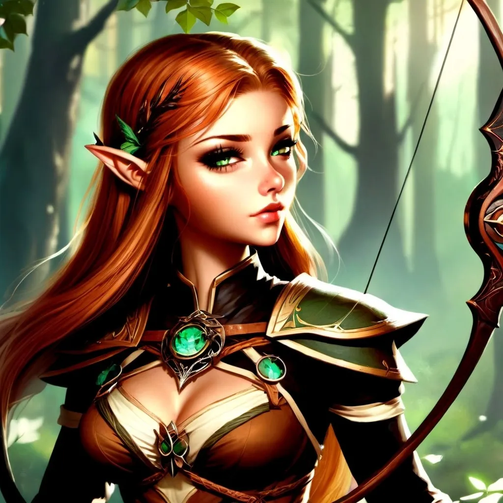 Prompt: a half elf archer with small ears long thick wavy copper colour hair and almond shaped hazel green eyes wearing light makeup 