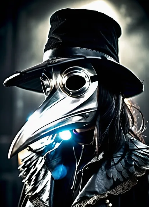 Prompt: Female Demi human with black hair silver ombre wearing a bird style plague doctor mask