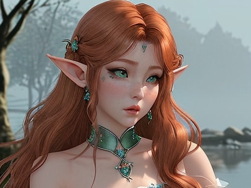 Prompt: a half elf with small ears long thick wavy copper colour hair and almond shaped hazel green eyes wearing light makeup 