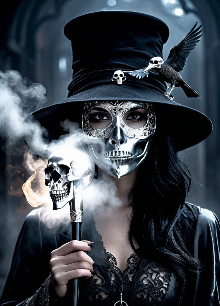 Prompt: Female Demi human with black hair silver ombre wearing a bird style plague doctor mask holding a silver skull cane 