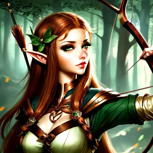 Prompt: a half elf archer with small ears long thick wavy copper colour hair and almond shaped hazel green eyes wearing light makeup 