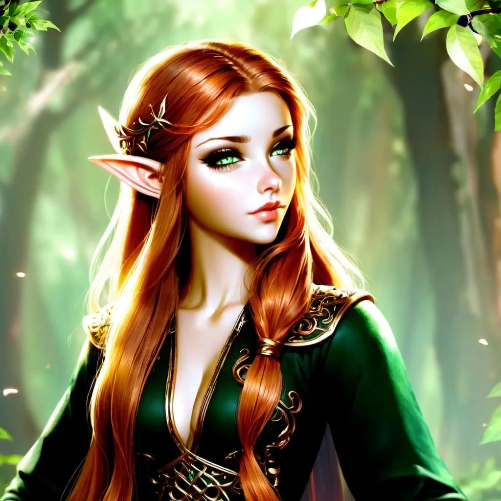 Prompt: a half elf with small ears long thick wavy copper colour hair and almond shaped hazel green eyes wearing light makeup 