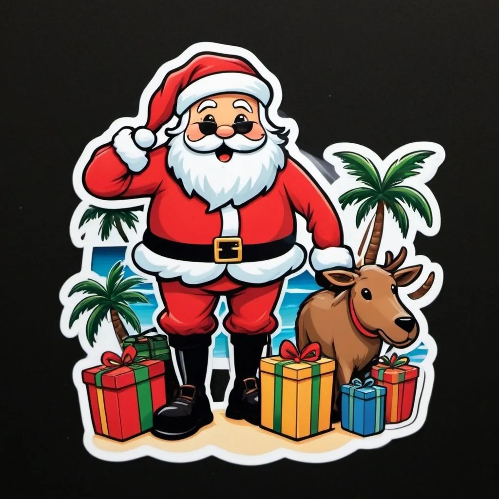 Prompt: die-cut sticker, 
  black background, Santa on vacation
