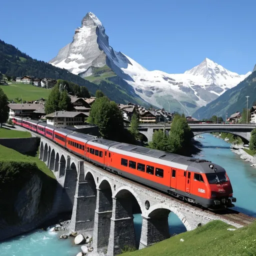 Prompt: SBB train high in the alps travelling over a stone bridge with matterhorn in the background.