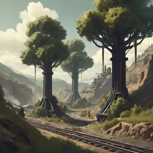 Prompt: Trees, Valleys, Dieselpunk 