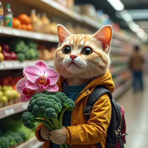 Prompt: a cat wearing a jacket and backpack next to a supermarket holding a broccoli and orchid flower bouquet