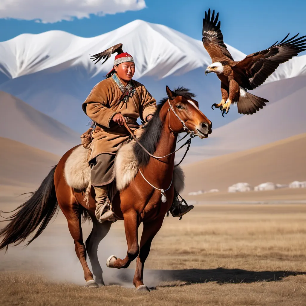 Prompt: Traditional mongolian falconer is riding on brown horse,hlave eagle sitting on his hand and mountains in backround.