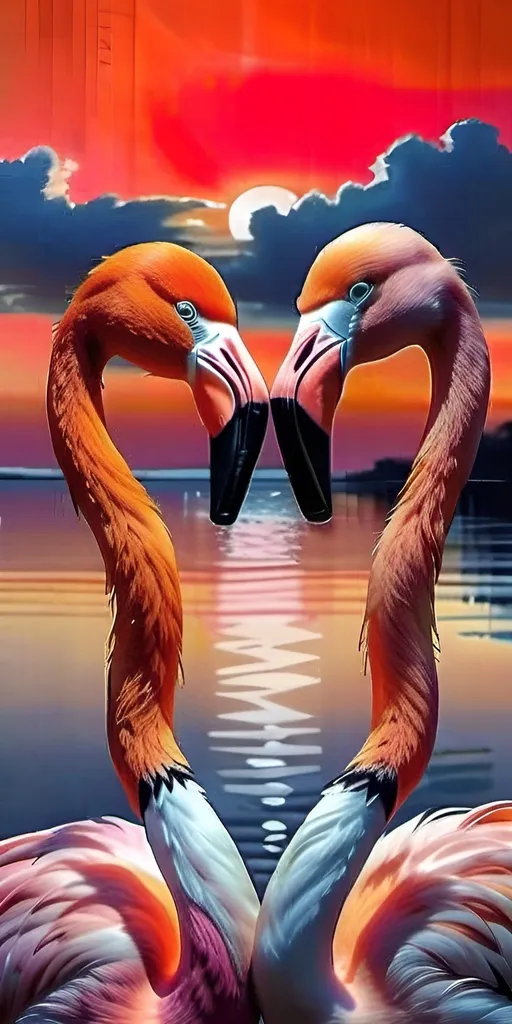 Prompt: Please place a red diamond ring that i've sent around the necks of two flamingos forming a heart shape with their necks, with a realistic impression and natural colors. The background can depict an evening beach scene.The artwork should be in the style of photorealism and finely detailed features