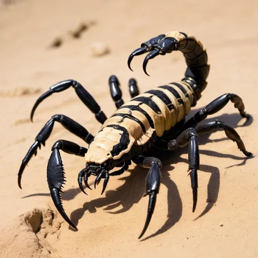 Prompt: Scorpion Steek is an armored arachnid from the arid deserts of Scorpora. This creature is 4 feet long with a hard, chitinous exoskeleton and a venomous stinger at the end of its tail. It has multiple legs and large pincers used for capturing prey. A carnivore, Scorpion Steek feeds on insects and small animals. Its venom is highly toxic, making it a dangerous inhabitant of the zoo. Its ability to burrow and hide in the sand adds to its elusive nature.