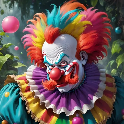 Prompt: Bozo Guy originates from the colorful, chaotic planet of Clownia. This creature is about 5 feet tall with vibrant, multicolored fur and a round, bulbous nose that honks when pressed. Despite its comical appearance, Bozo Guy is highly intelligent and adept at mimicking sounds and voices. It is an omnivore, enjoying a diet of both plants and small animals. Bozo Guy is playful and mischievous but can be quite clever when it comes to escaping enclosures.

