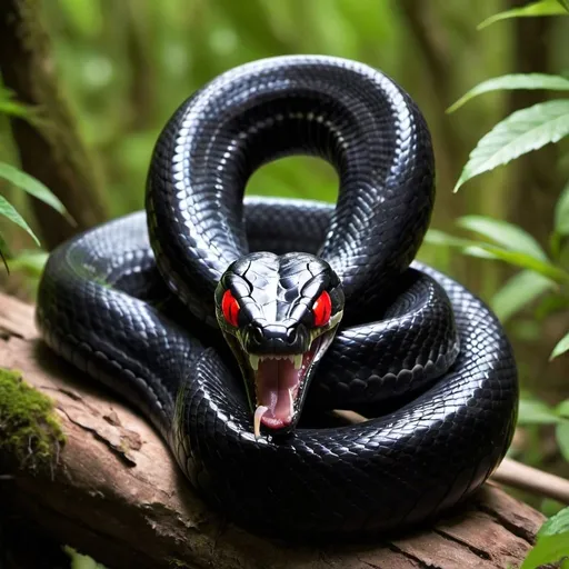 Prompt: The Two Fangs Snake slithers through the dense underbrush of Venomosa. This serpent is 6 feet long with a sleek, black body and two prominent fangs that deliver a potent venom. It has glowing, red eyes that can hypnotize its prey before striking. A carnivore, the Two Fangs Snake feeds on small mammals and birds. Highly dangerous, its venom can paralyze and kill within minutes. Its stealth and speed make it a deadly predator in its native habitat.
 