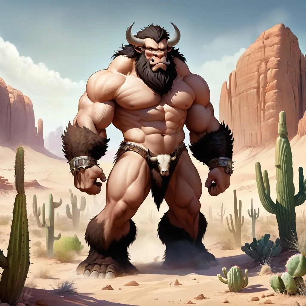 Prompt: Buff Bo was captured from the harsh, arid deserts of Duneos. This muscular creature resembles a bison with thick, shaggy fur and large, curved horns. Standing at 6 feet tall and weighing over a ton, Buff Bo is a herbivore, grazing on tough desert plants and cacti. It is known for its incredible strength and endurance, capable of running at high speeds despite its size. While generally docile, Buff Bo can become aggressive if its territory is threatened.


