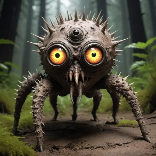 Prompt: Three Eyed Steek was found in the radioactive wastelands of Trioptica. This unusual creature is about 3 feet tall with three large, glowing eyes and a spiny, armored body. An omnivore, it feeds on both plant material and small animals. The three eyes give it exceptional vision and depth perception, allowing it to navigate its harsh environment. While not inherently aggressive, Three Eyed Steek can defend itself with sharp, retractable spikes along its back.
 
 