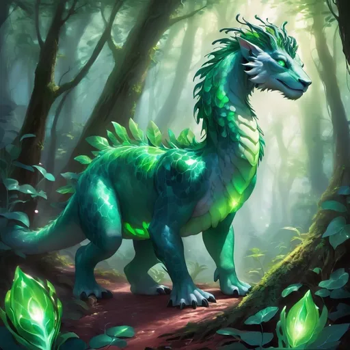 Prompt: UNO is a majestic creature from the vibrant forests of Planet Verdeon. Standing at 7 feet tall with shimmering emerald scales, UNO has large, gentle eyes that glow softly in the dark. This herbivore thrives on a diet of exotic leaves and glowing fruits unique to its home planet. UNO is known for its serene demeanor and an enchanting song that can calm even the most agitated minds. Although gentle, UNO has a defensive mechanism where it can emit a blinding light to ward off potential threats.