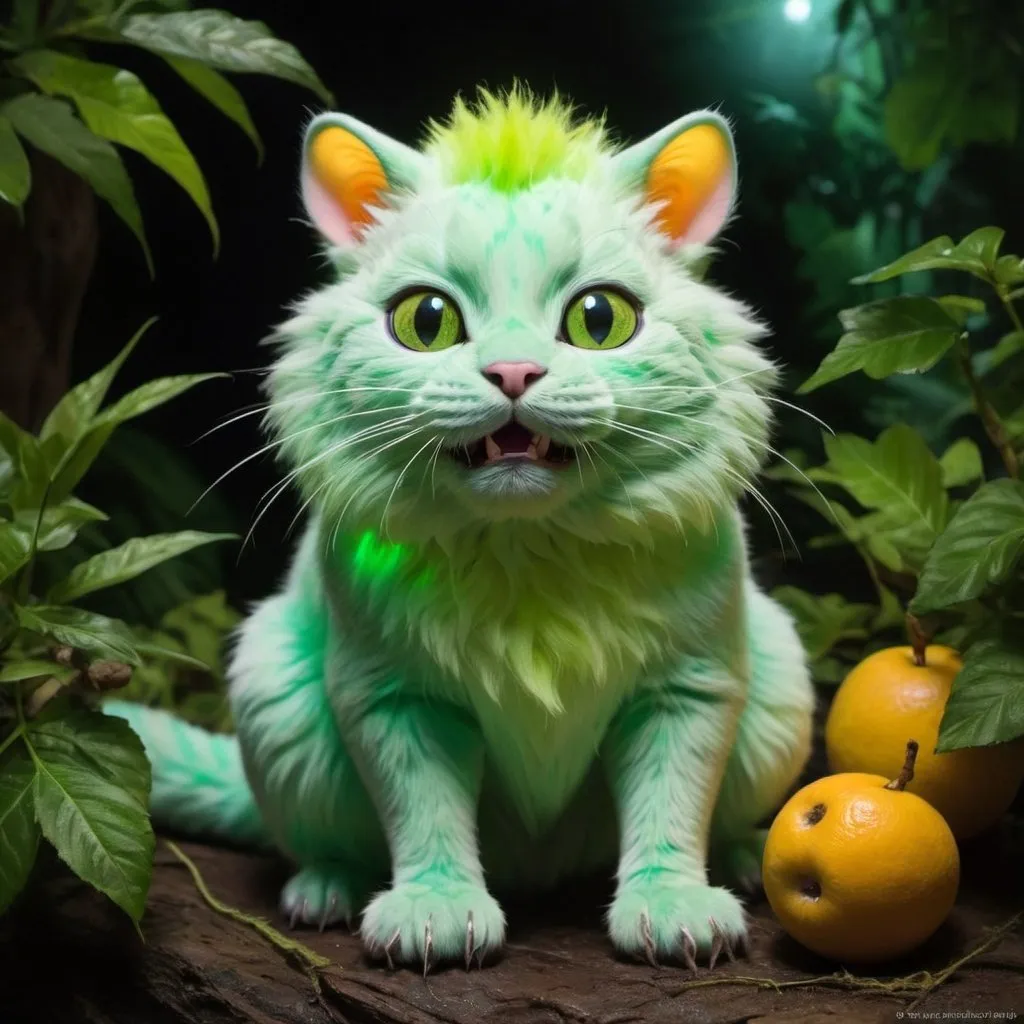Prompt: Gus Cat hails from the lush jungles of Felinia Prime. Resembling an Earth cat but with bioluminescent fur that changes color based on its mood, Gus Cat is both playful and cunning. It is about the size of a bobcat with retractable claws and a keen sense of smell. Gus Cat is an omnivore, enjoying a diet of small rodents and various fruits. While generally friendly, it can become fiercely territorial and uses its glowing fur to intimidate intruders.