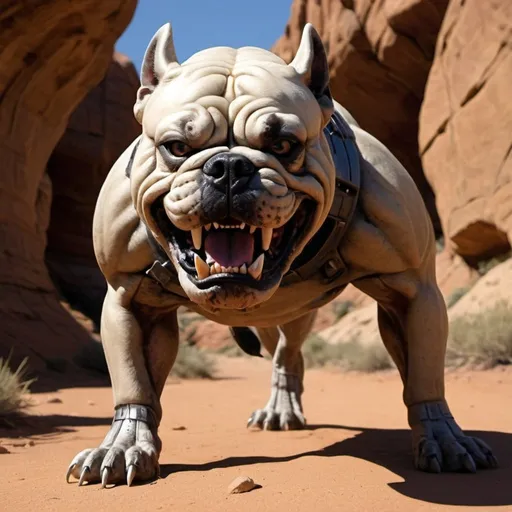 Prompt: Dog Bite was discovered in the rocky canyons of Terra Canis. This sturdy creature resembles a bulldog with armored plating along its back and head. About 4 feet in length, Dog Bite has powerful jaws capable of crushing bone. It is a carnivore, preferring large game, and is known for its aggressive nature when cornered. Despite its fearsome appearance, Dog Bite is loyal to those it trusts and can be trained with patience and care.