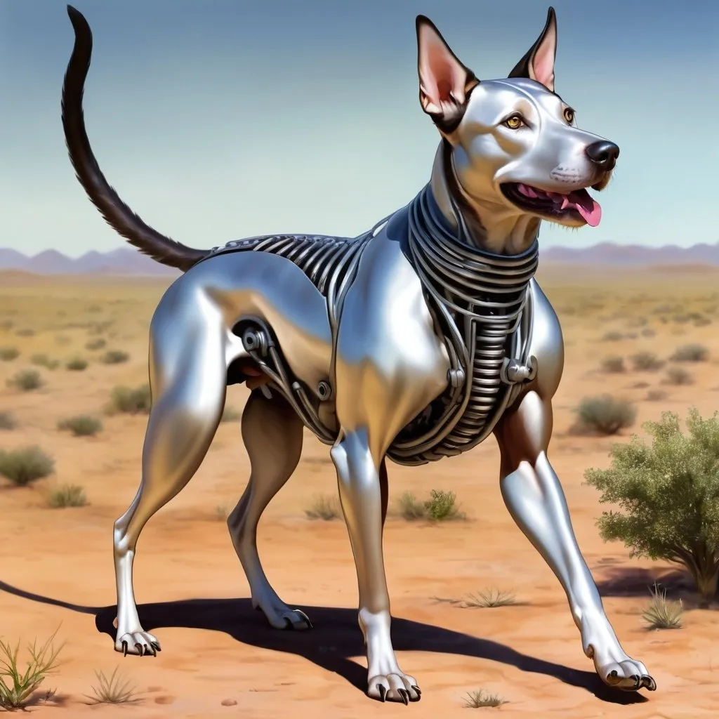 Prompt: Steek Dog is a unique hybrid found on the metallic plains of Metallo. This animal has a sleek, metallic coat that can reflect light, making it almost invisible in its natural habitat. Standing at 3 feet tall, Steek Dog has elongated limbs and a long, whip-like tail. It is an omnivore, feeding on both mechanical insects and organic matter. Steek Dog is highly intelligent and capable of solving complex puzzles, making it a fascinating creature for researchers.
