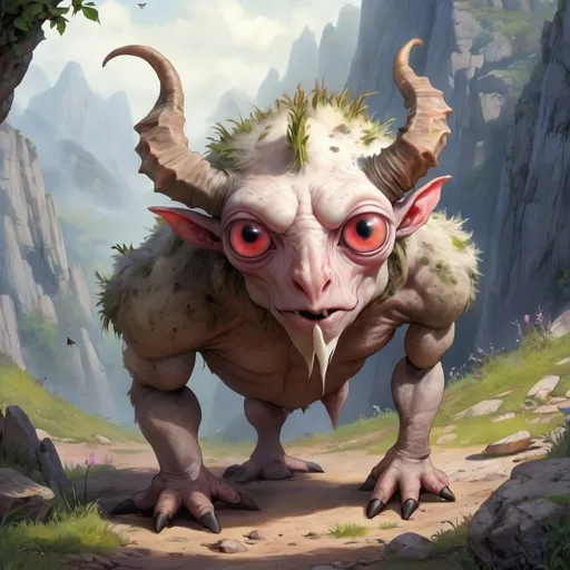 Prompt: Weird Eyed Horner was discovered in the craggy cliffs of Eyreos. This creature is about 3 feet tall with a pair of large, bulbous eyes that can rotate independently, giving it a unique appearance. It has a rough, stone-like skin and a single horn protruding from its forehead. An omnivore, Weird Eyed Horner feeds on both plant material and small insects. Its odd appearance can be startling, but it is generally docile and prefers to avoid conflict.




