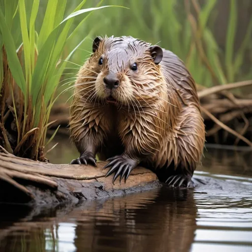 Prompt: Beaver Steek hails from the rivers and wetlands of Beavaria. This semi-aquatic creature is about 4 feet long with a flat, paddle-like tail and webbed feet. It has a thick, waterproof fur coat and sharp teeth for gnawing on wood. An herbivore, Beaver Steek feeds on tree bark, leaves, and aquatic plants. Known for its industrious nature, it builds complex dams and lodges in its habitat. While generally peaceful, it can become aggressive if its territory is disturbed. 
 
 