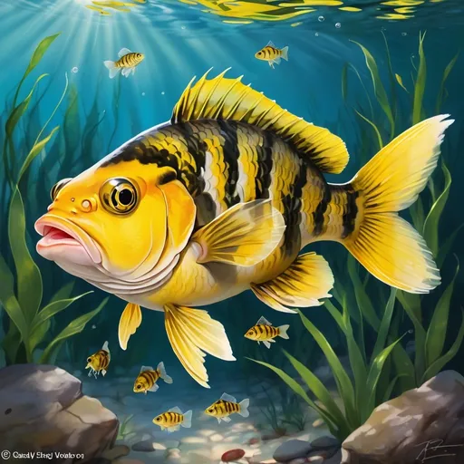 Prompt: The Yellow Perch is a small, vibrant fish from the tranquil lakes of Luminara. Measuring about 8 inches in length, it has bright yellow scales that reflect sunlight beautifully. This fish is an omnivore, feeding on algae and tiny aquatic insects. The Yellow Perch is known for its peaceful nature and is often seen swimming in schools. It poses no danger and is a favorite among visitors for its stunning appearance.


