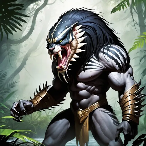 Prompt: Predator One is a fearsome hunter from the dense jungles of Predatoria. This creature is 6 feet tall with razor-sharp claws, powerful muscles, and a sleek, dark coat that helps it blend into the shadows. A carnivore, Predator One preys on large animals and is known for its stealth and agility. Highly dangerous, it is a solitary predator that relies on ambush tactics to catch its prey. Predator One's menacing growl and piercing eyes make it a formidable presence in the zoo.



