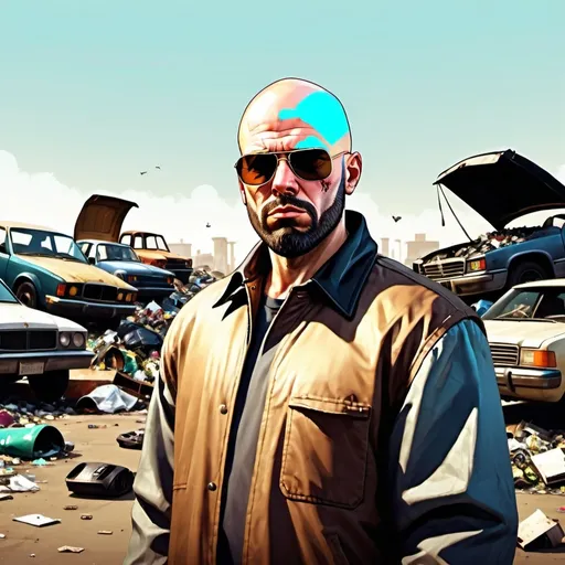 Prompt: one annimated character like grand theft auto male with bald head , beard and sunglasses dressed like a King in a landfill with old cars and garbage and trashes