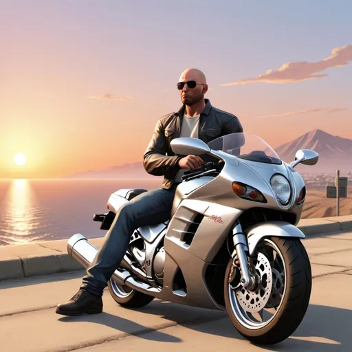 Prompt: annimated characters like GTA one man with bald head and a small  beard with sunglasses sitting next to a silver bike Hayabusa while watching the sunset on a highview with his wife and a baby