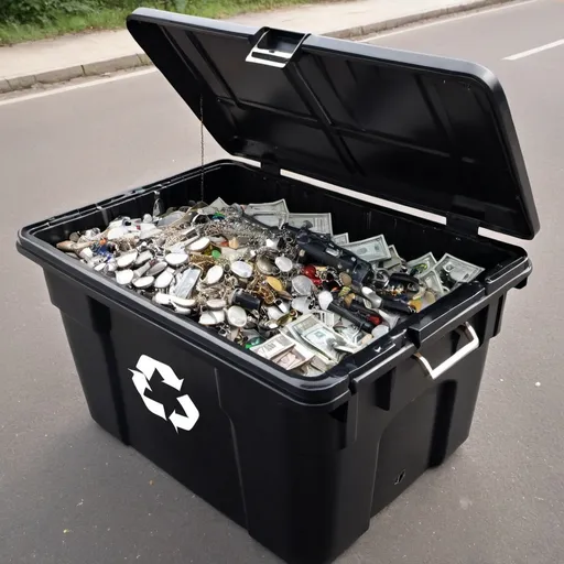 Prompt: one big black recycle bin having inside guns , a lot of jewls , money and keys from cars